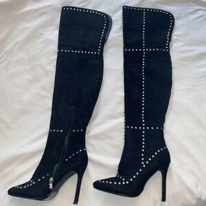 Over the knee boots black suede silver studded